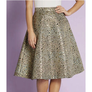 NEW ModCloth Gilded Feather Skirt Women's 10 Gold Brocade A-Line Knee Length
